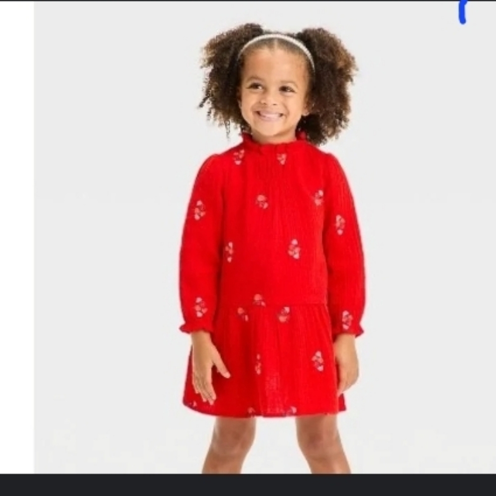 Cat & Jack Toddler Girls' Long Sleeve Floral Embroidered Printed Dress Red - Picture 1 of 6